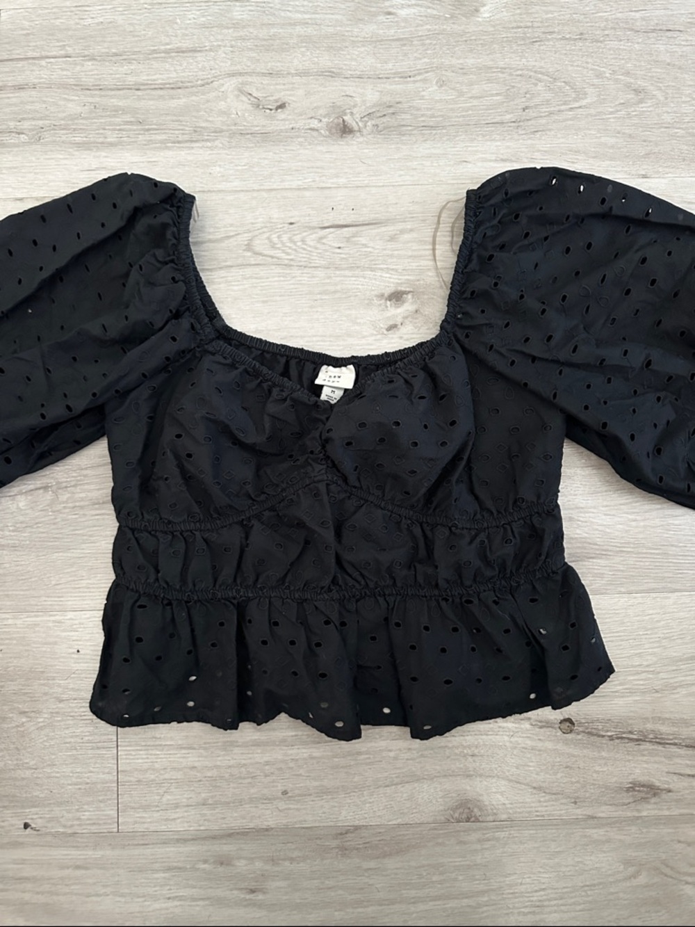 a new day Black Eyelet Puff Sleeve Peplum Top